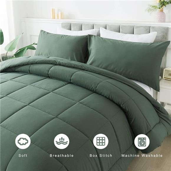 All Seasons Sage Green Bedding Comforters Set w 2 Pillow Cases -3 Pieces Bed Set - Picture 5 of 6